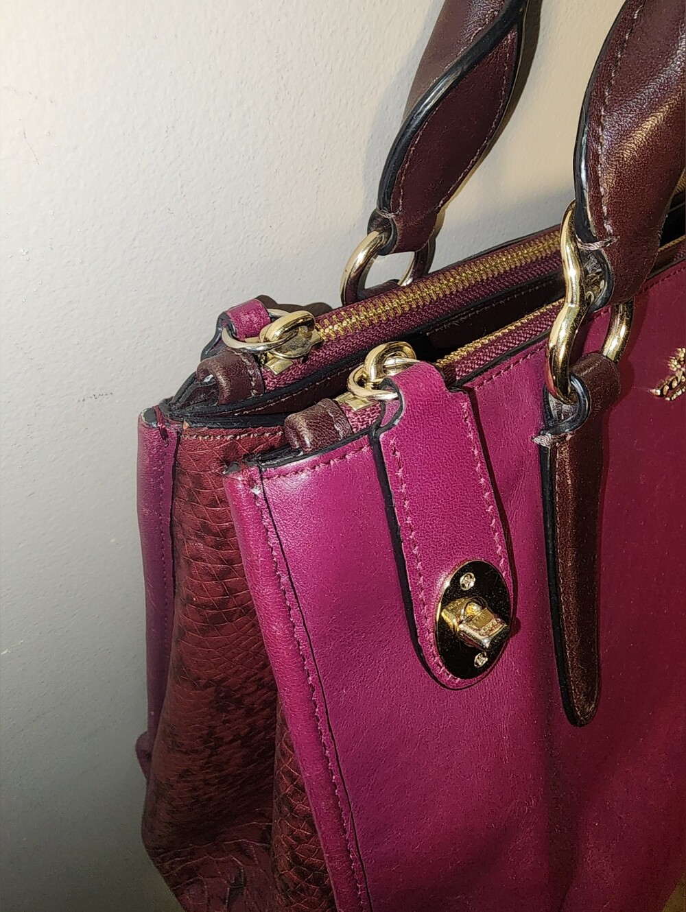 Coach Leather Exoctic Python Crosby Carryall Cyclamen Satchel Plum Turnlock Tote - Picture 7 of 17